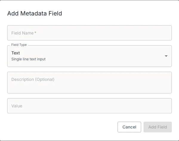 The Add Metadata Field dialog with name, type, description and value