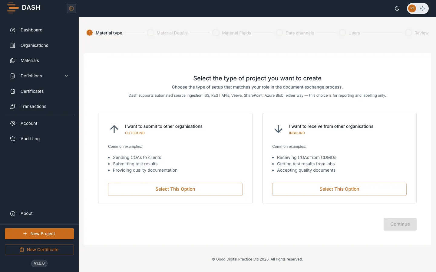 The Material Details step with name, organisation and date-format options