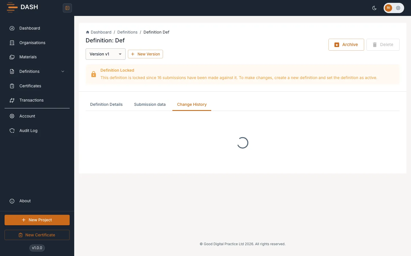 The Change History tab on a definition record