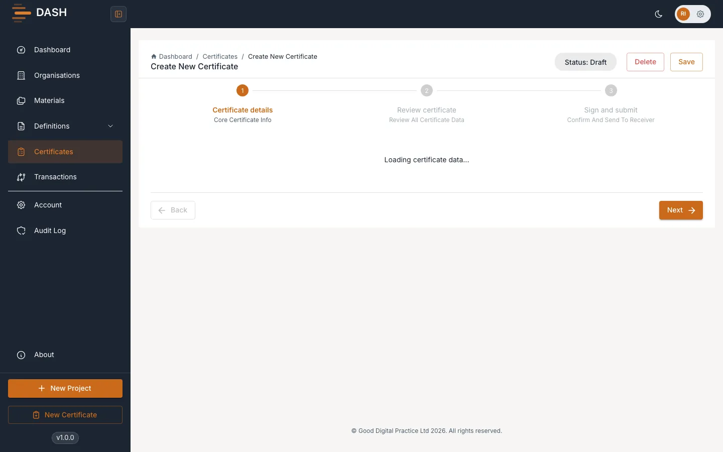 The Certificate details step, with the definition version and definition map selected