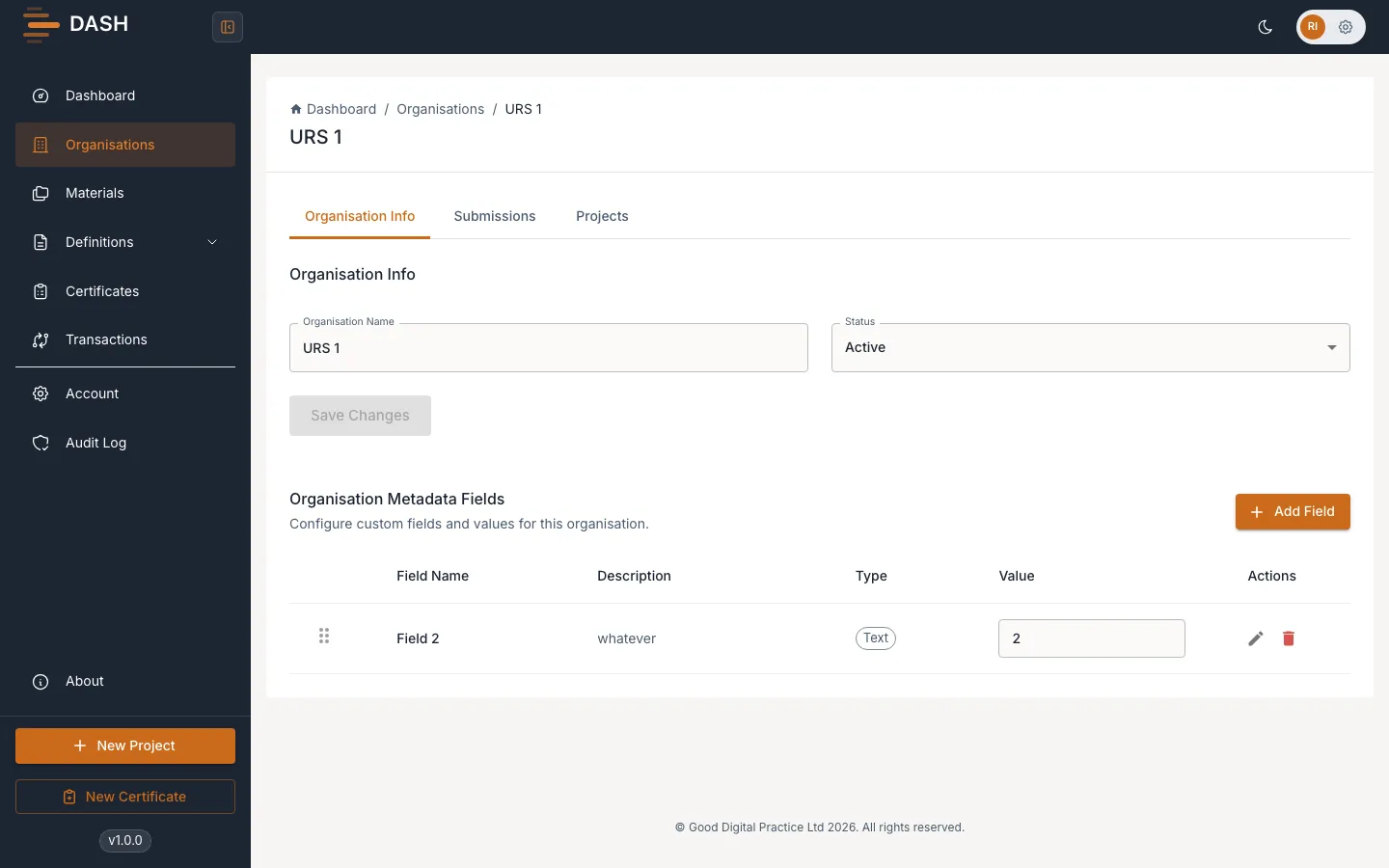 Editing an organisation's name and status on the Organisation Info tab