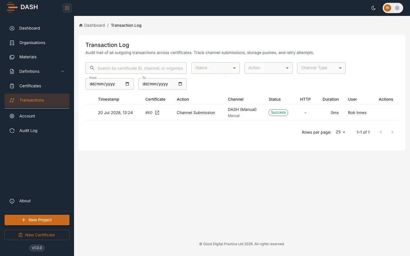 The transaction logs, with status, HTTP code and duration for each channel interaction