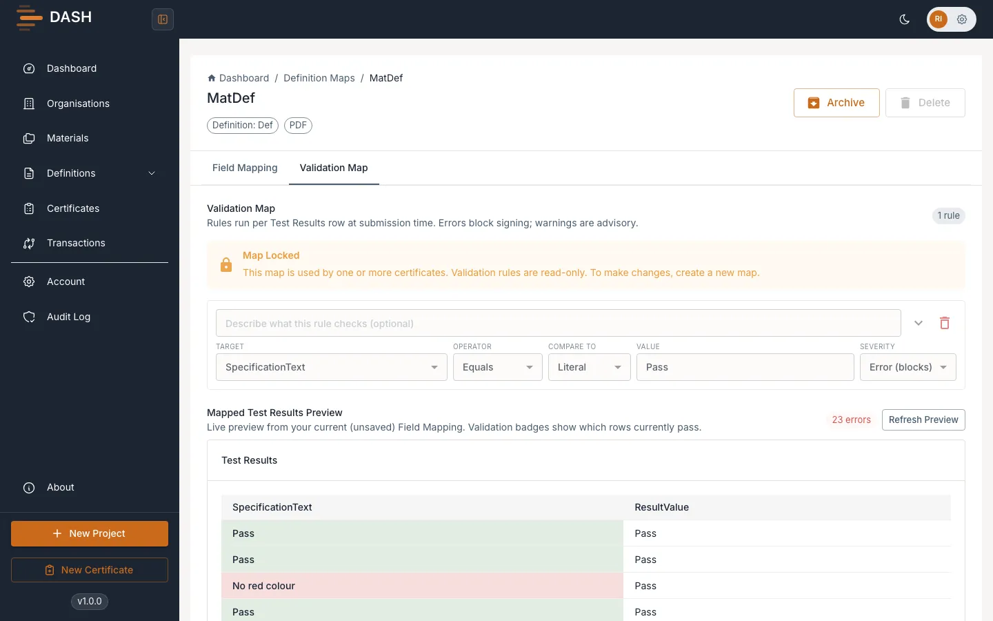 Adding a validation rule with a target, operator, comparison and severity
